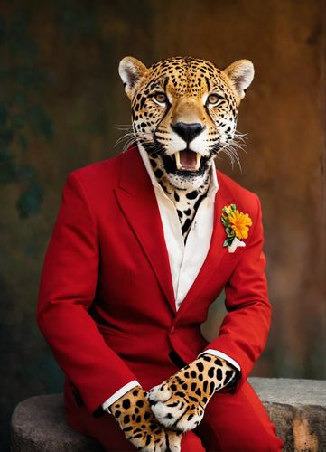 AI Product with this design: Happy jaguar in a red suit