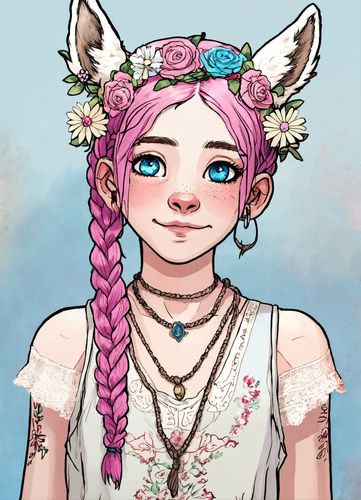AI Product with this design: in RPG character drawing style. Young human woman with clearly visible llama ears holding aloft on her head. She has blue eyes. Pink hair styled in two braids. She wears an old medallion around her neck where a flower is represented. His head is topped with a simple flower crown. She is wearing a long AI Product with this design: in RPG character drawing style. Young human woman with clearly visible llama ears holding aloft on her head. She has blue eyes. Pink hair styled in two braids. She wears an old medallion around her neck where a flower is represented. His head is topped with a simple flower crown. She is wearing a long
