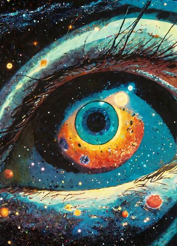 AI Product with this design: 1990s anime sci-fi close up of an eye with the universe in it