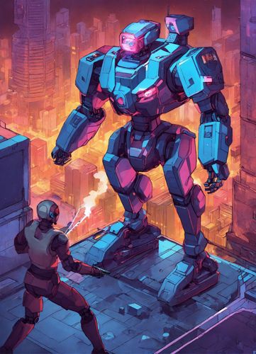 AI Product with this design: Isometric cyberpunk robot fighting human manga style.