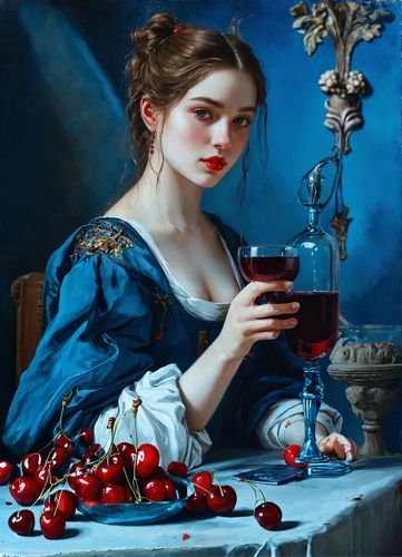 AI Product with this design: beautiful girl hold the aethetic glass with red wine