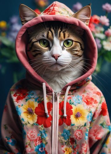 AI Product with this design: cat wearing embellished hoodie with flowers